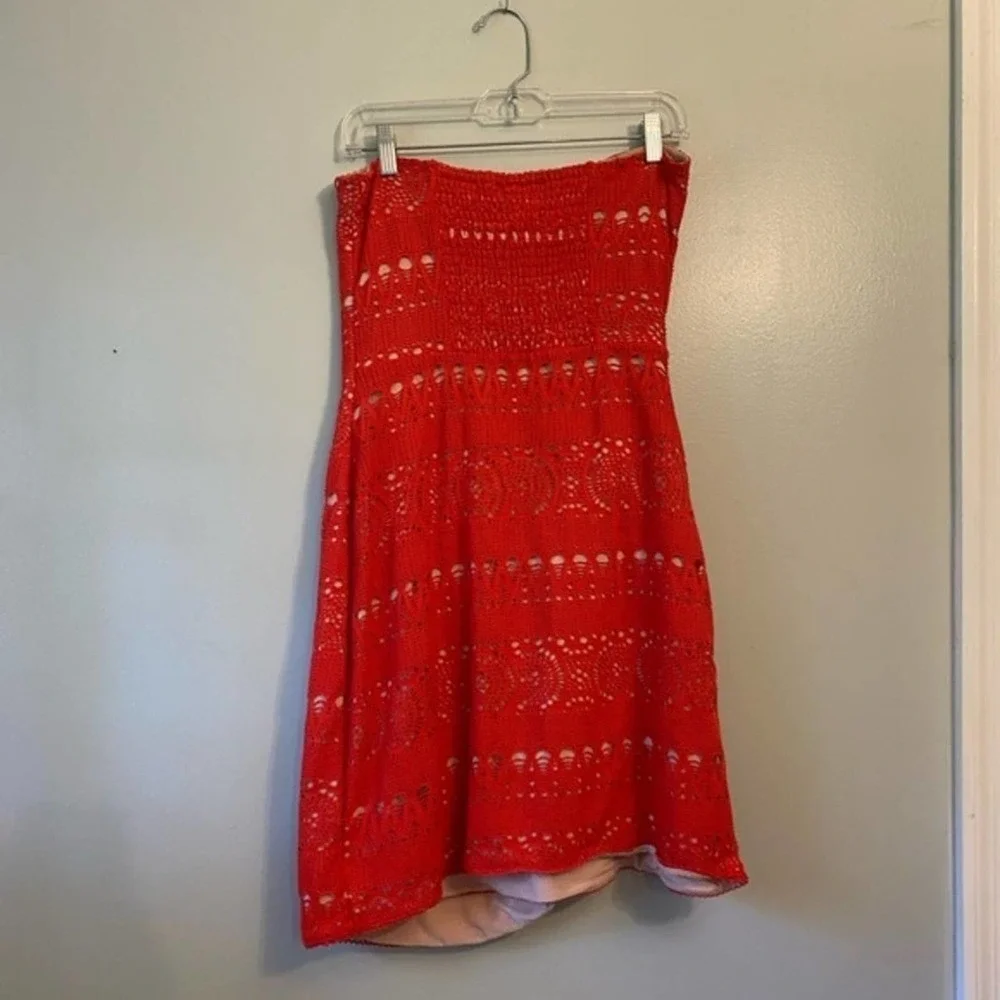 Free People, Oceanside orangy red Crochet Strapless Minidress size‎ large new!!!
